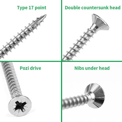 SUS316 en acier inoxydable de type 17 point Pozi double tête Csk vis en carton de ferraille avec 6 pinces pour le bois